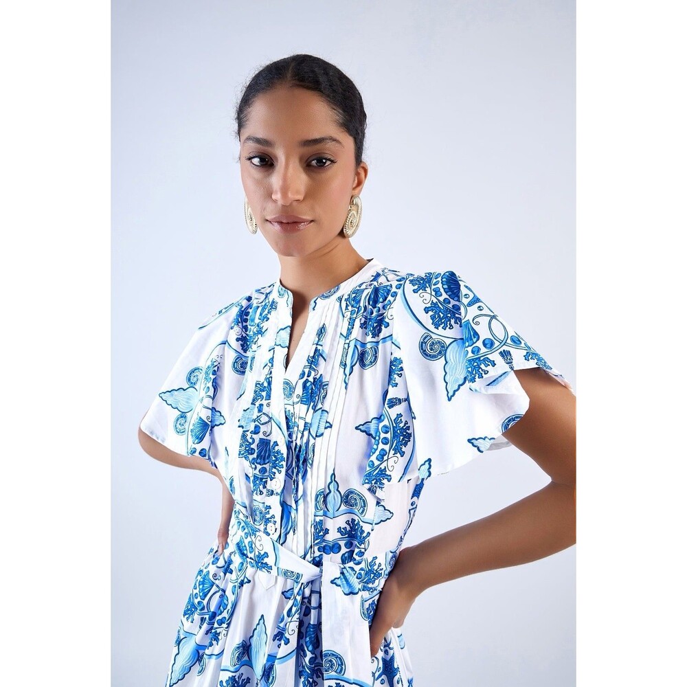Beyond by Vera Women’s Cotton Poplin Leni Aqua Nautilus Belted Dress Sz S NWT